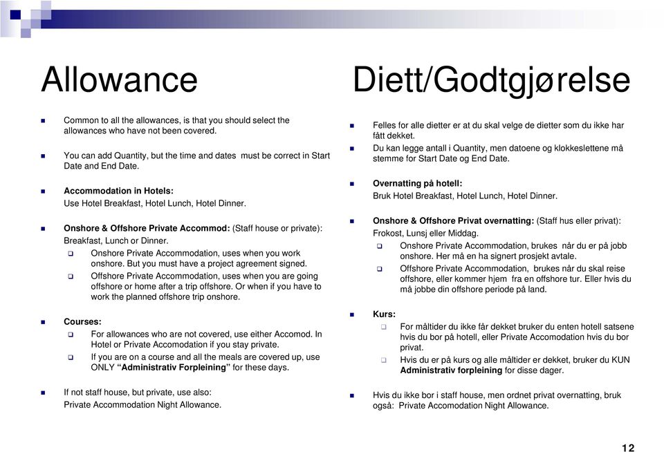 Onshore & Offshore Private Accommod: (Staff house or private): Breakfast, Lunch or Dinner. Onshore Private Accommodation, uses when you work onshore. But you must have a project agreement signed.