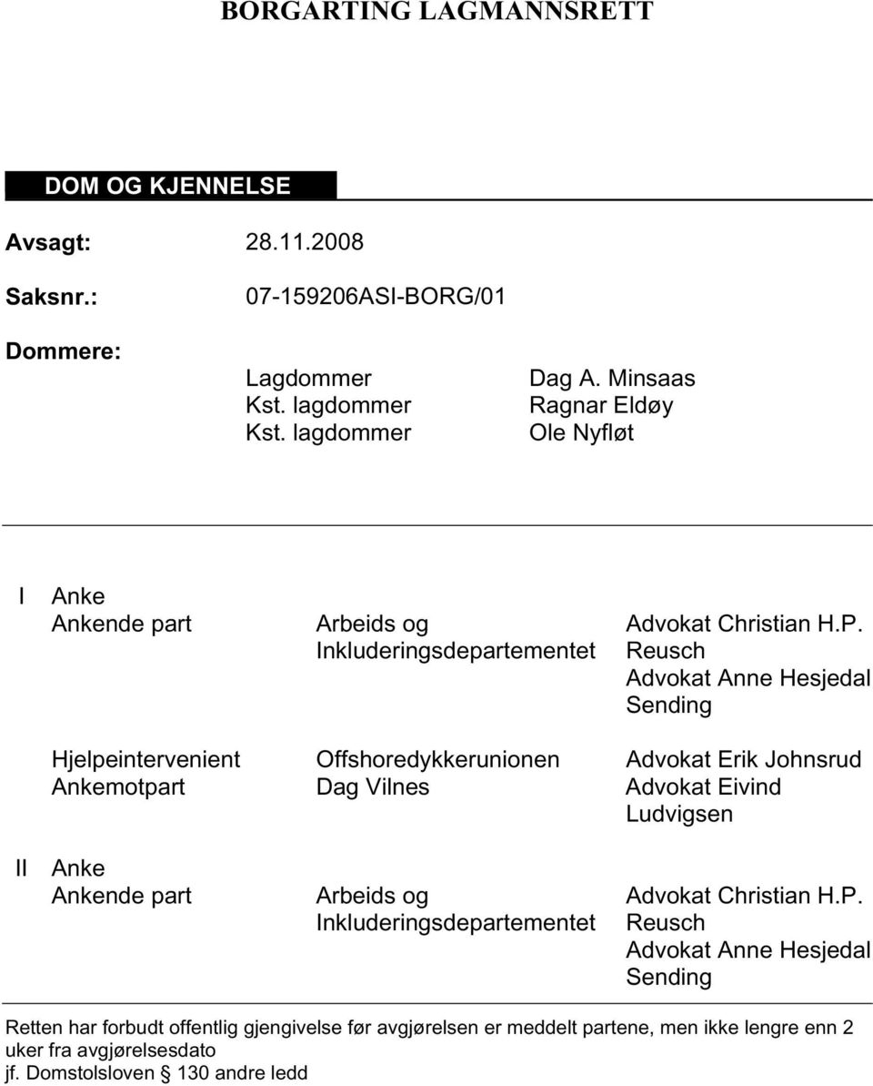 Reusch Advokat Anne Hesjedal Sending Hjelpeintervenient Offshoredykkerunionen Advokat Erik Johnsrud Ankemotpart Dag Vilnes Advokat Eivind Ludvigsen II Anke Ankende part