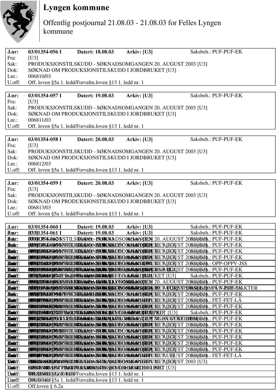 : [U3] PUF-PUF-EK Dok: Sak: Fra: -QU PRODUKSJONSTILSKUDD [U3], SØ KNAD OM PRODUKSJONSTILSKUDD 'DWHUW - SØ KNADSOMGANGEN $UNLY>8@ I JORDBRUKET 20. AUGUST [U3] 2003 Saksbeh.: [U3] PUF-PUF-EK Lnr.