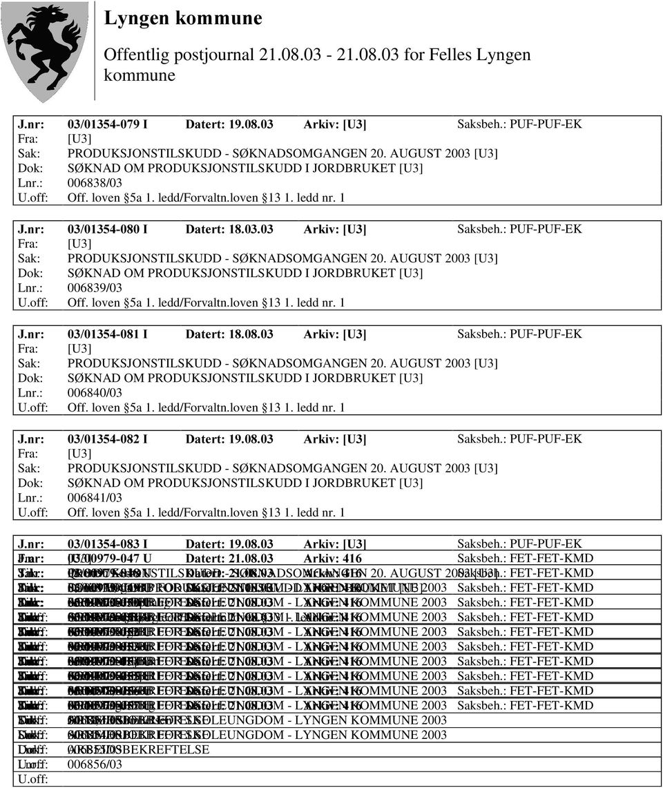 AUGUST 2003 Saksbeh.: [U3] FET-FET-KMD Dok: Sak: Til: -QU SOMMERJOBB Daniel 8 SØ KNAD Høgtun PRODUKSJONSTILSKUDD FOR 'DWHUW SKOLEUNGDOM - LYNGEN $UNLY I JORDBRUKET KOMMUNE [U3] 2003 Saksbeh.