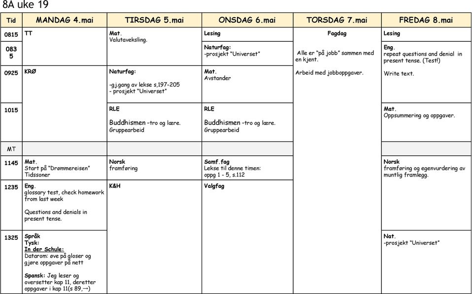 1015 Oppsummering og oppgaver. 1145 Start på Drømmereisen Tidssoner framføring Samf.fag oppg 1-5, s.112 framføring og egenvurdering av muntlig framlegg. 1235 Eng.