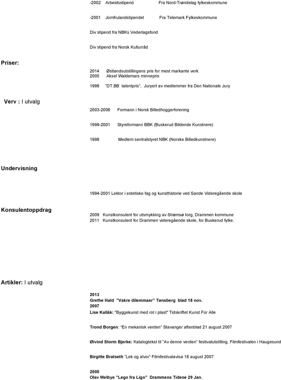 BB talentpris, Juryert av medlemmer fra Den Nationale Jury Verv : I utvalg 2003-2006 Formann i Norsk Billedhoggerforening 1999-2001 Styreformann BBK (Buskerud Bildende Kunstnere) 1998 Medlem