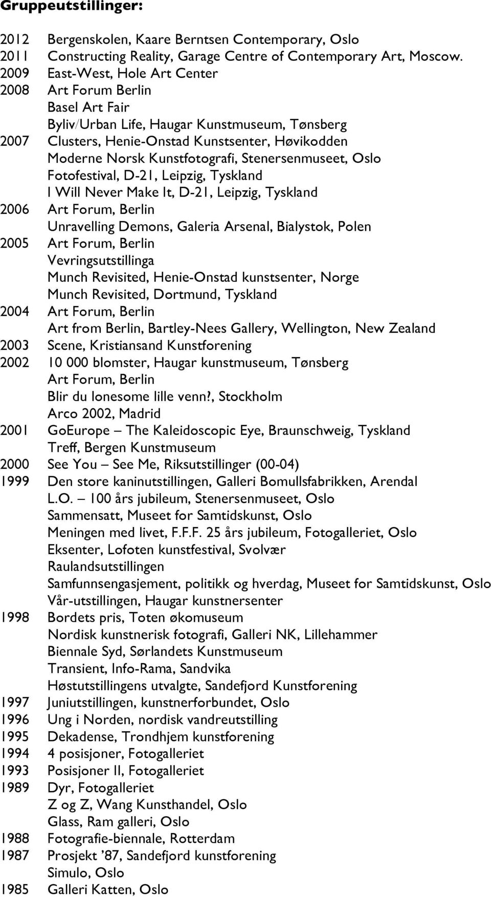 Stenersenmuseet, Oslo Fotofestival, D-21, Leipzig, Tyskland I Will Never Make It, D-21, Leipzig, Tyskland 2006 Art Forum, Berlin Unravelling Demons, Galeria Arsenal, Bialystok, Polen 2005 Art Forum,