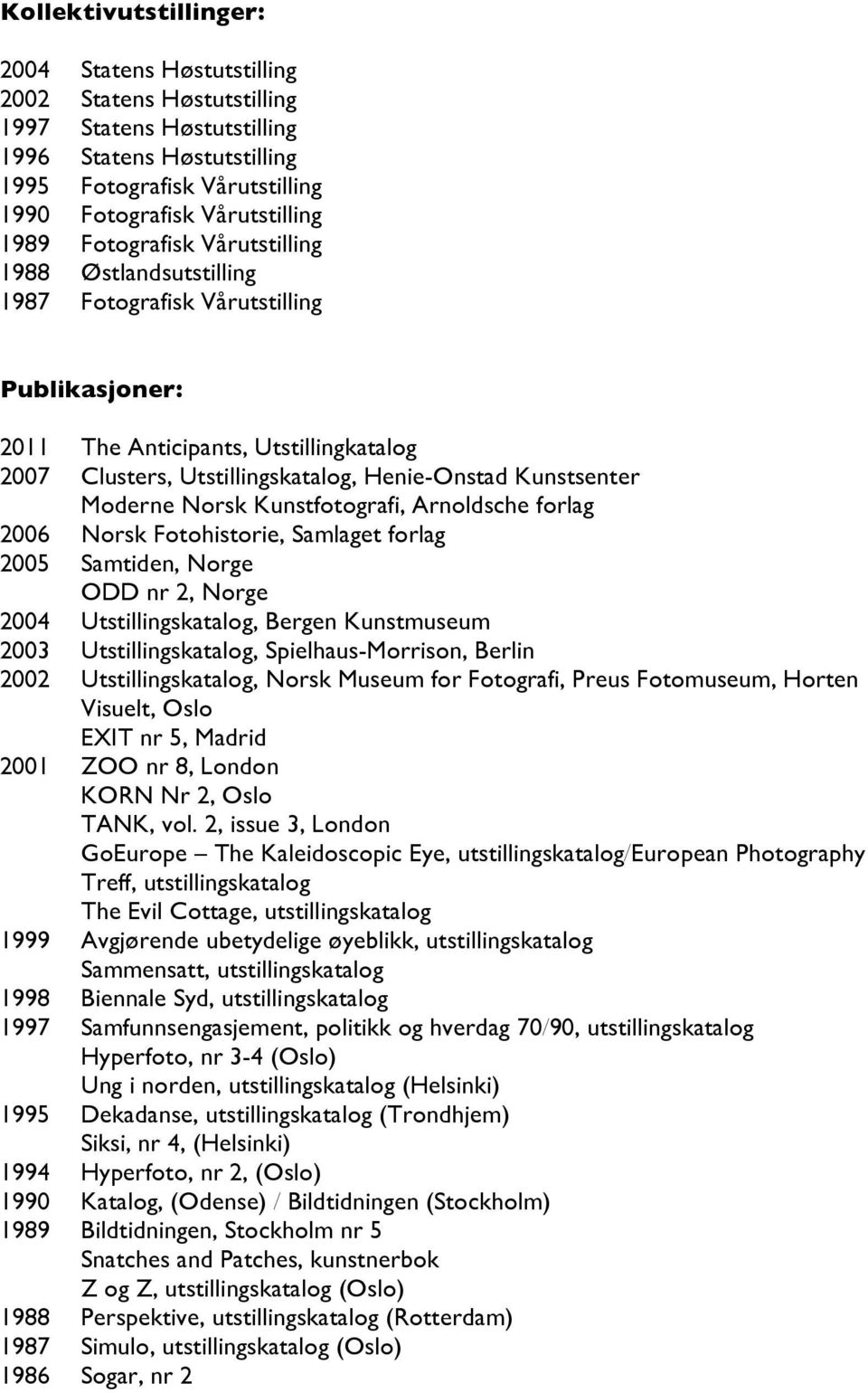 Kunstsenter Moderne Norsk Kunstfotografi, Arnoldsche forlag 2006 Norsk Fotohistorie, Samlaget forlag 2005 Samtiden, Norge ODD nr 2, Norge 2004 Utstillingskatalog, Bergen Kunstmuseum 2003