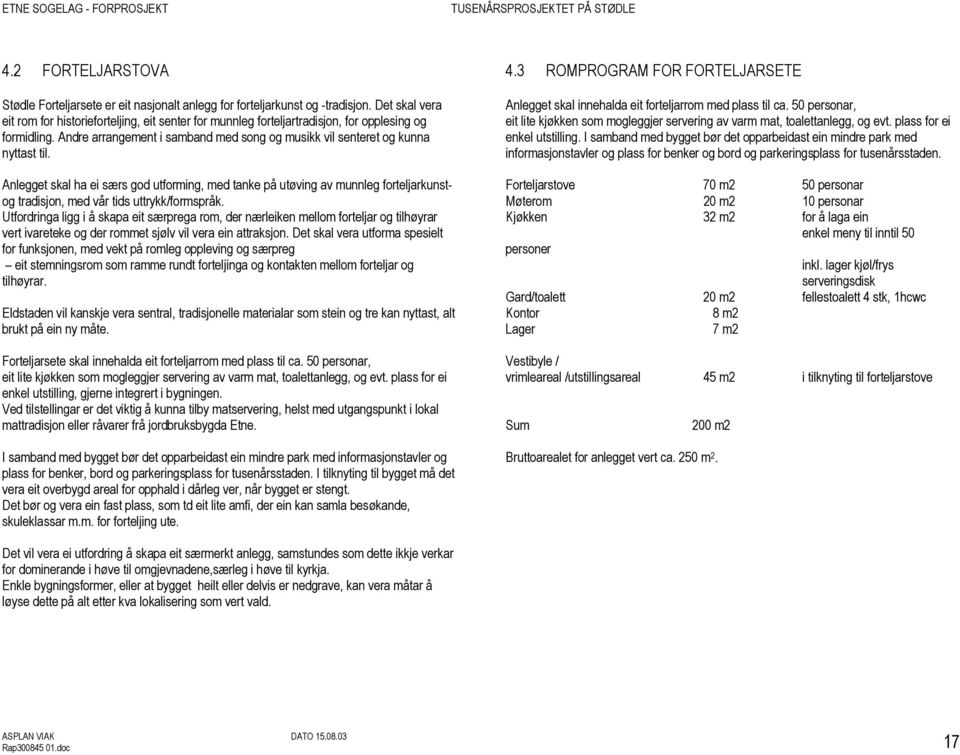 4.3 ROMPROGRAM FOR FORTELJARSETE Anlegget skal innehalda eit forteljarrom med plass til ca. 50 personar, eit lite kjøkken som mogleggjer servering av varm mat, toalettanlegg, og evt.