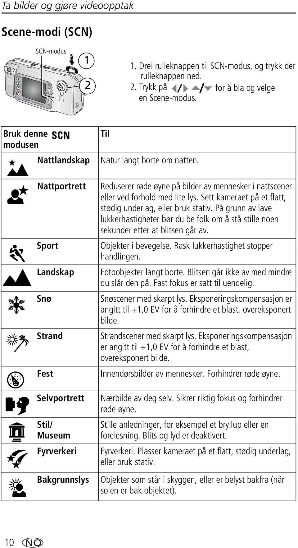 Reduserer røde øyne på bilder av mennesker i nattscener eller ved forhold med lite lys. Sett kameraet på et flatt, stødig underlag, eller bruk stativ.