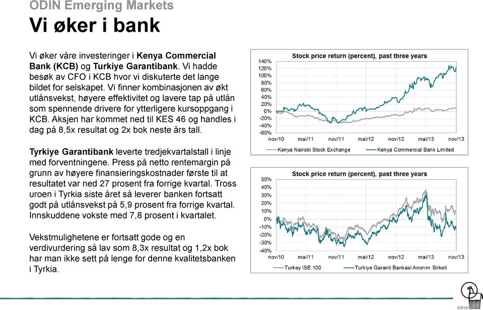 Aksjen har kommet ned til KES 46 og handles i dag på 8,5x resultat og 2x bok neste års tall. Tyrkiye Garantibank leverte tredjekvartalstall i linje med forventningene.