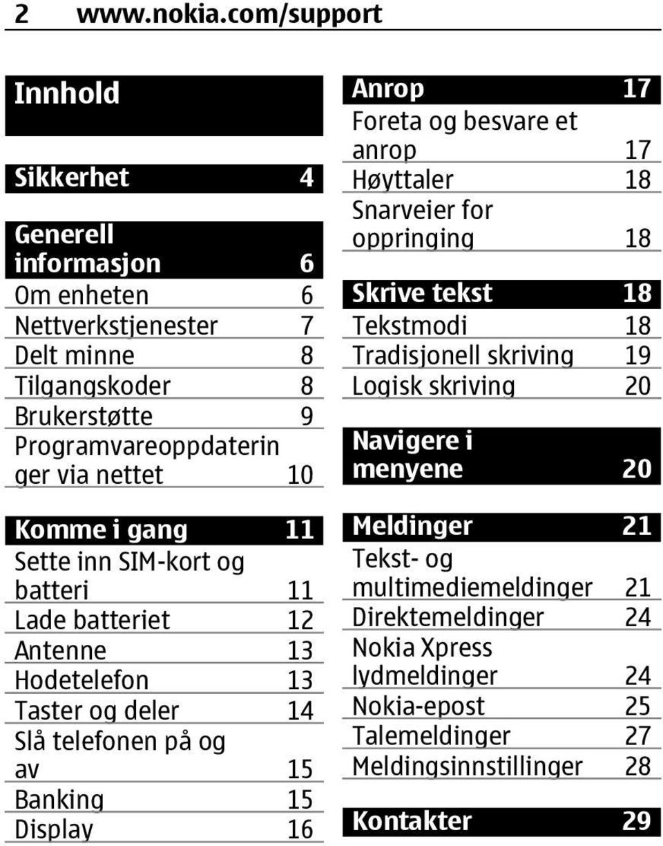 10 Komme i gang 11 Sette inn SIM-kort og batteri 11 Lade batteriet 12 Antenne 13 Hodetelefon 13 Taster og deler 14 Slå telefonen på og av 15 Banking 15 Display 16 Anrop