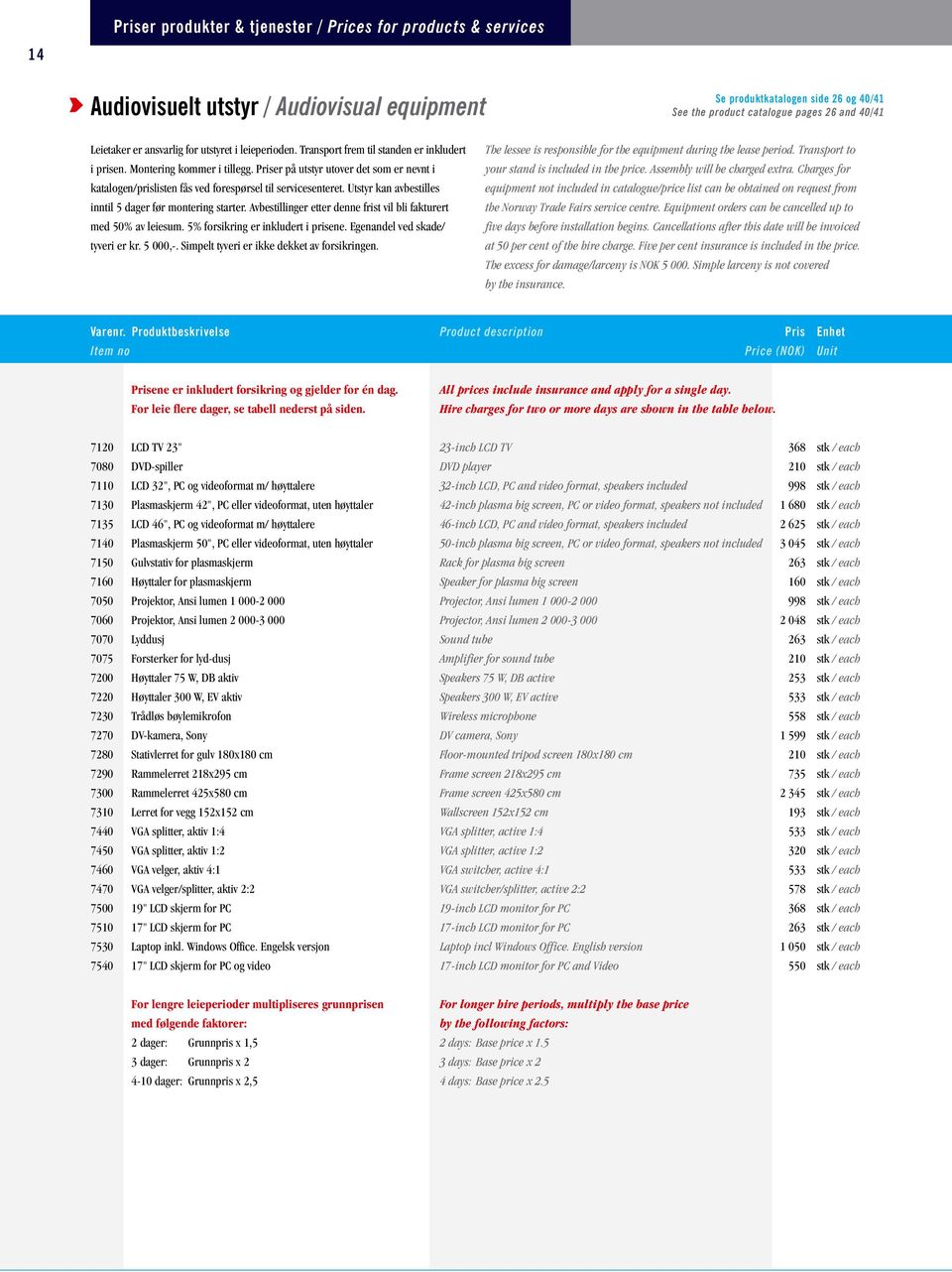 Priser på utstyr utover det som er nevnt i katalogen/prislisten fås ved forespørsel til servicesenteret. Utstyr kan avbestilles inntil 5 dager før montering starter.