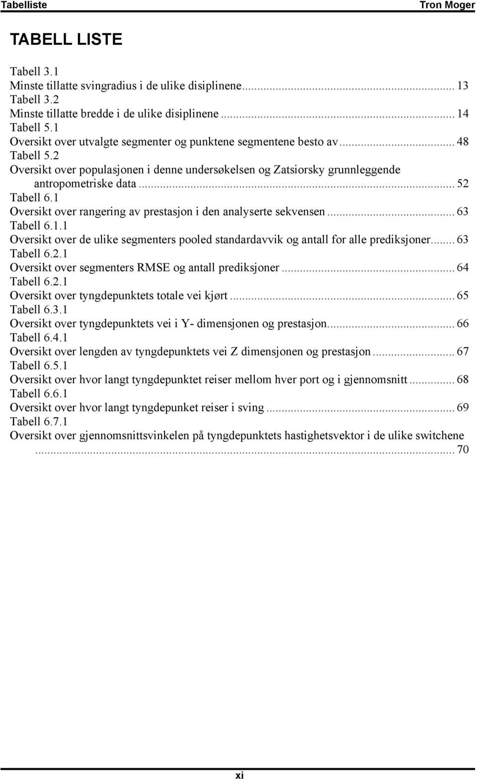 1 Oversikt over rangering av prestasjon i den analyserte sekvensen... 63 Tabell 6.1.1 Oversikt over de ulike segmenters pooled standardavvik og antall for alle prediksjoner... 63 Tabell 6.2.