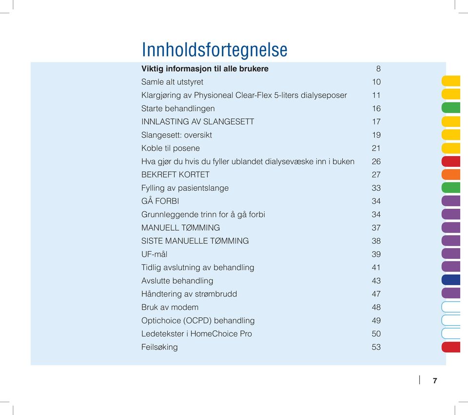 Bekreft kortet 27 Fylling av pasientslange 33 GÅ FORBI 34 Grunnleggende trinn for å gå forbi 34 Manuell tømming 37 Siste manuelle tømming 38 UF-mål 39 Tidlig