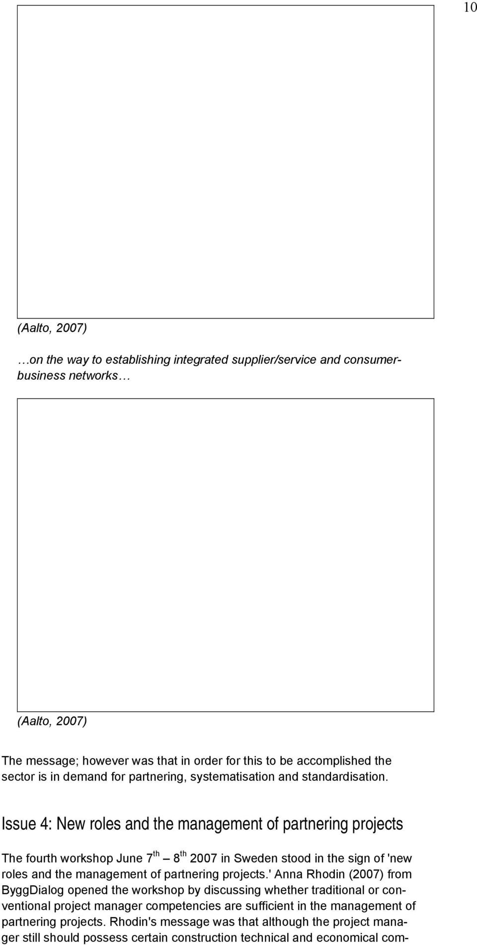 Issue 4: New roles and the management of partnering projects The fourth workshop June 7 th 8 th 2007 in Sweden stood in the sign of 'new roles and the management of partnering projects.