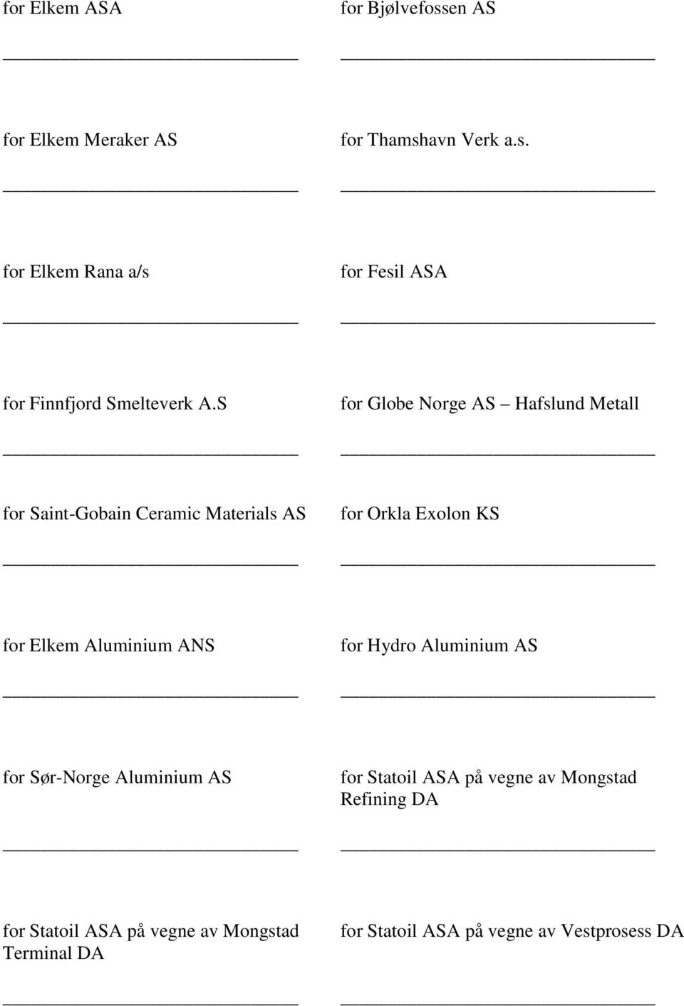 Aluminium ANS for Hydro Aluminium AS for Sør-Norge Aluminium AS for Statoil ASA på vegne av Mongstad Refining