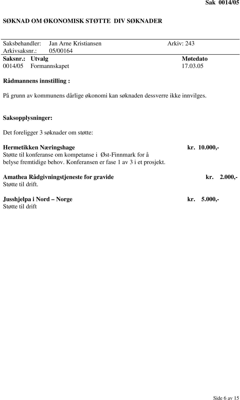 Det foreligger 3 søknader om støtte: Hermetikken Næringshage kr. 10.