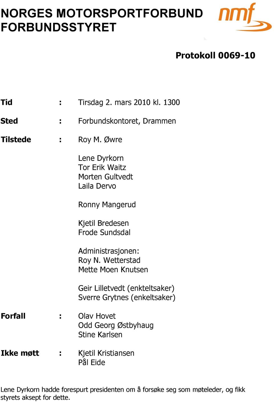 Wetterstad Mette Moen Knutsen Geir Lilletvedt (enkteltsaker) Sverre Grytnes (enkeltsaker) Forfall : Olav Hovet Odd Georg Østbyhaug