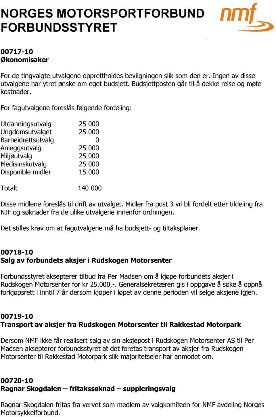 For fagutvalgene foreslås følgende fordeling: Utdanningsutvalg 25 000 Ungdomsutvalget 25 000 Barneidrettsutvalg 0 Anleggsutvalg 25 000 Miljøutvalg 25 000 Medisinskutvalg 25 000 Disponible midler 15