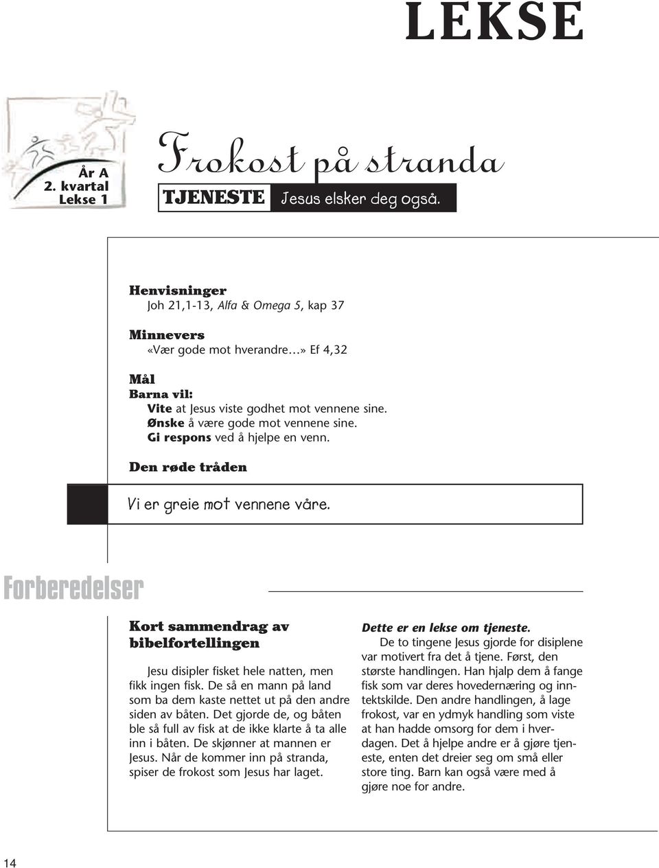 Gi respons ved å hjelpe en venn. Den røde tråden Vi er greie mot vennene våre. Forberedelser Kort sammendrag av bibelfortellingen Jesu disipler fisket hele natten, men fikk ingen fisk.