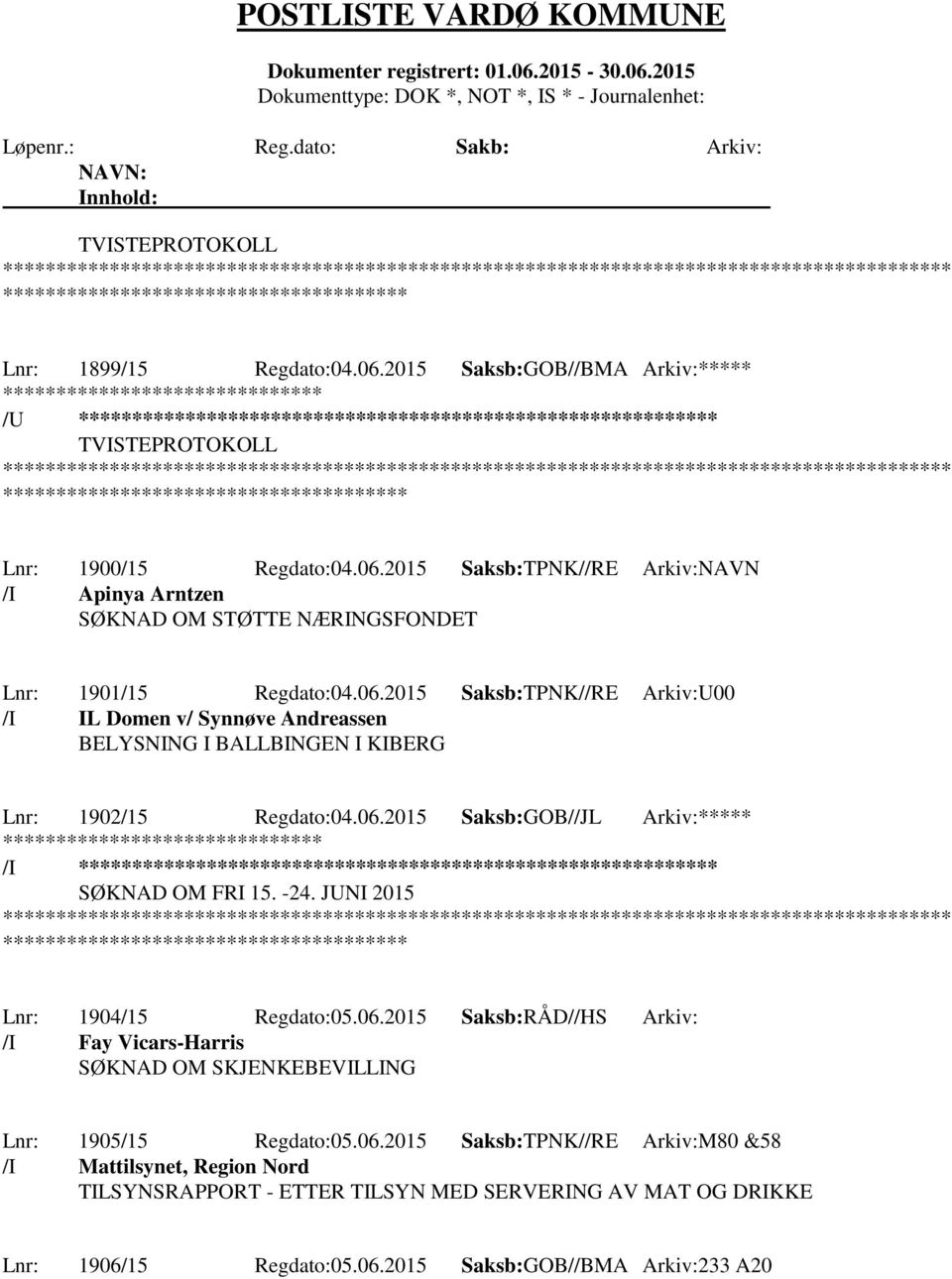 -24. JUNI 2015 Lnr: 1904/15 Regdato:05.06.2015 Saksb:RÅD//HS Arkiv: /I Fay Vicars-Harris SØKNAD OM SKJENKEBEVILLING Lnr: 1905/15 Regdato:05.06.2015 Saksb:TPNK//RE Arkiv:M80 &58 /I Mattilsynet, Region Nord TILSYNSRAPPORT - ETTER TILSYN MED SERVERING AV MAT OG DRIKKE Lnr: 1906/15 Regdato:05.