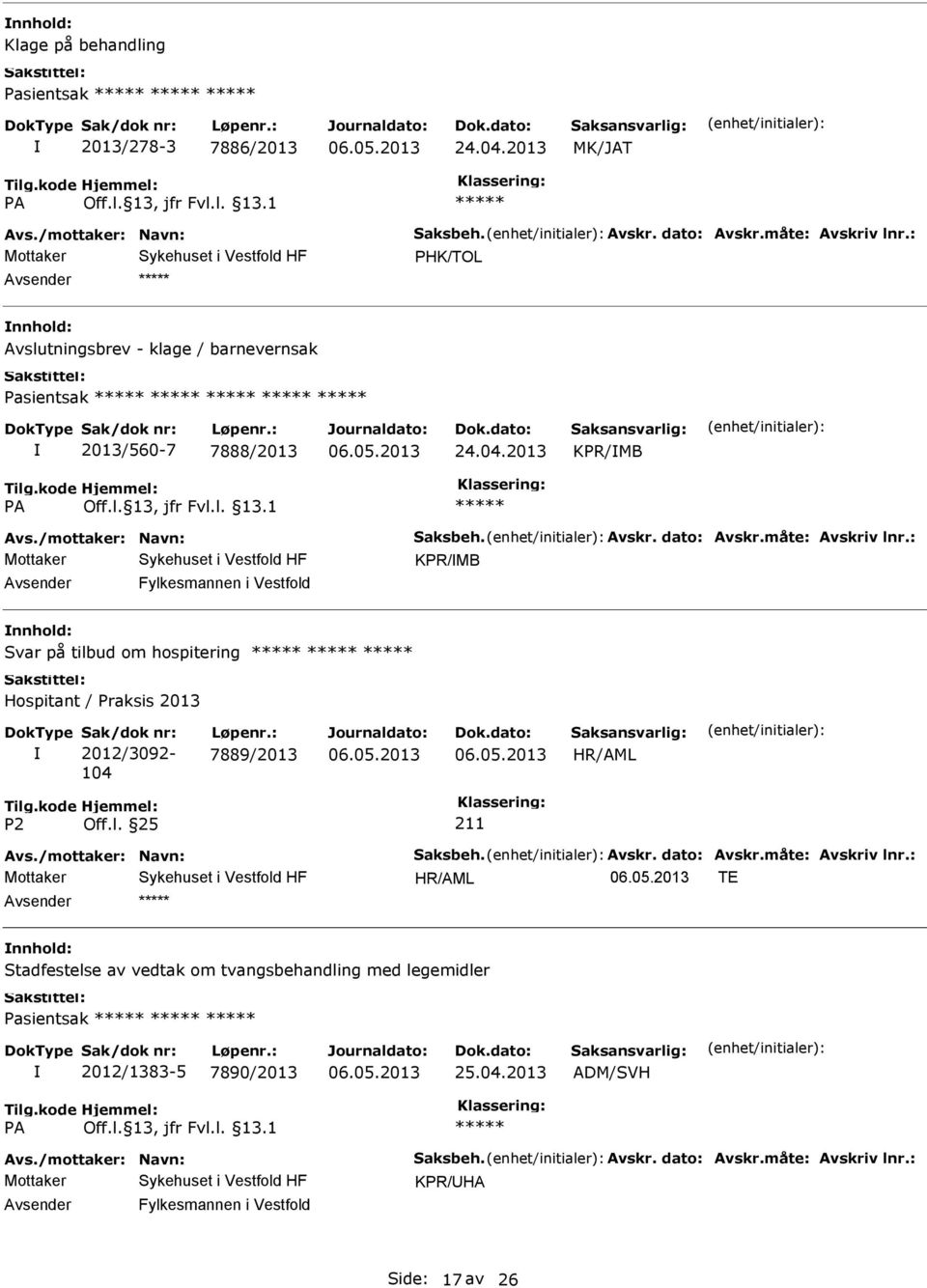 : KPR/MB Fylkesmannen i Vestfold Svar på tilbud om hospitering Hospitant / Praksis 2013 Sak/dok nr: 2012/3092-104 Løpenr.: 7889/2013 211 Avs./mottaker: Navn: Saksbeh. Avskr.