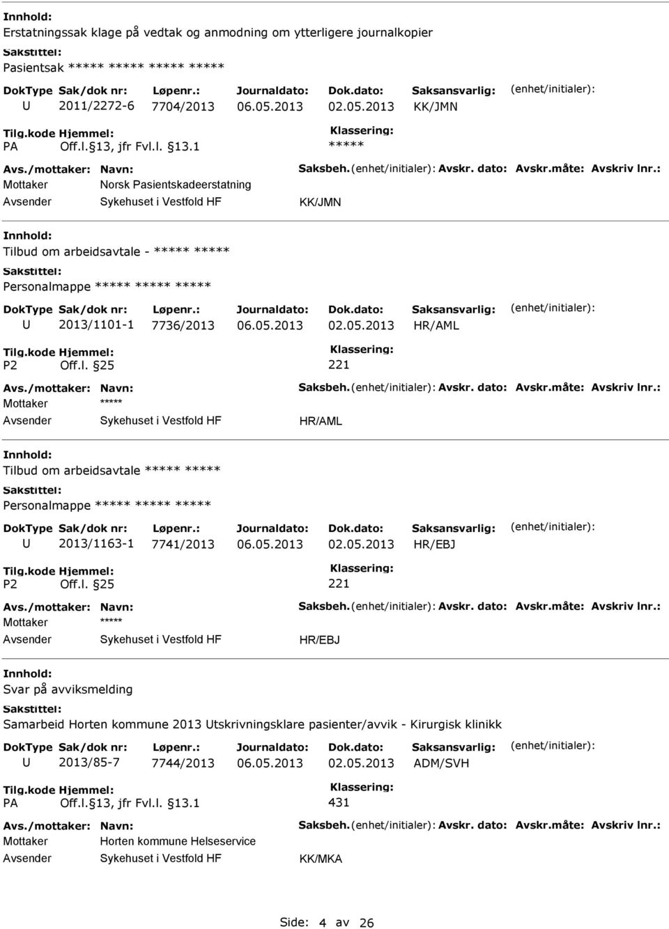 : Mottaker Tilbud om arbeidsavtale Personalmappe 2013/1163-1 7741/2013 02.05.2013 HR/EBJ Avs./mottaker: Navn: Saksbeh. Avskr. dato: Avskr.måte: Avskriv lnr.