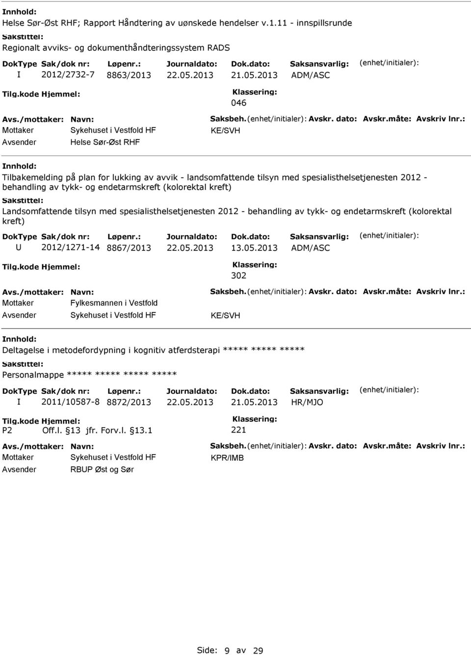 : KE/SVH Helse Sør-Øst RHF Tilbakemelding på plan for lukking av avvik - landsomfattende tilsyn med spesialisthelsetjenesten 2012 - behandling av tykk- og endetarmskreft (kolorektal kreft)