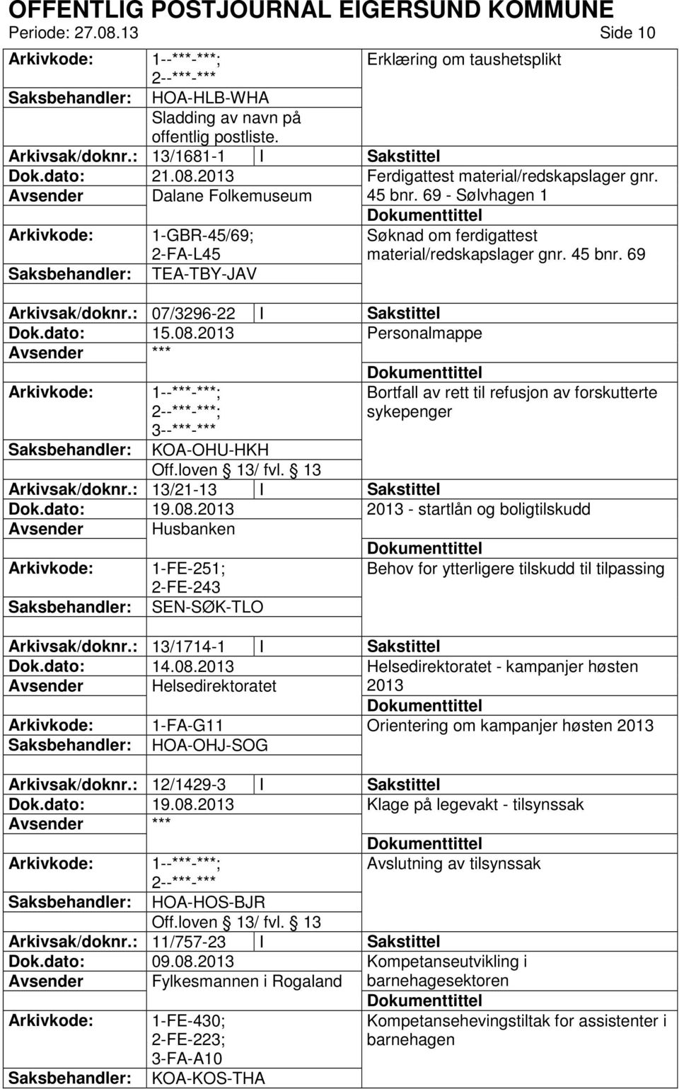 dato: 15.08.2013 Personalmappe ; Bortfall av rett til refusjon av forskutterte sykepenger 3--***-*** KOA-OHU-HKH Arkivsak/doknr.: 13/21-13 I Sakstittel Dok.dato: 19.08.2013 2013 - startlån og boligtilskudd Avsender Husbanken 1-FE-251; 2-FE-243 Behov for ytterligere tilskudd til tilpassing SEN-SØK-TLO Arkivsak/doknr.