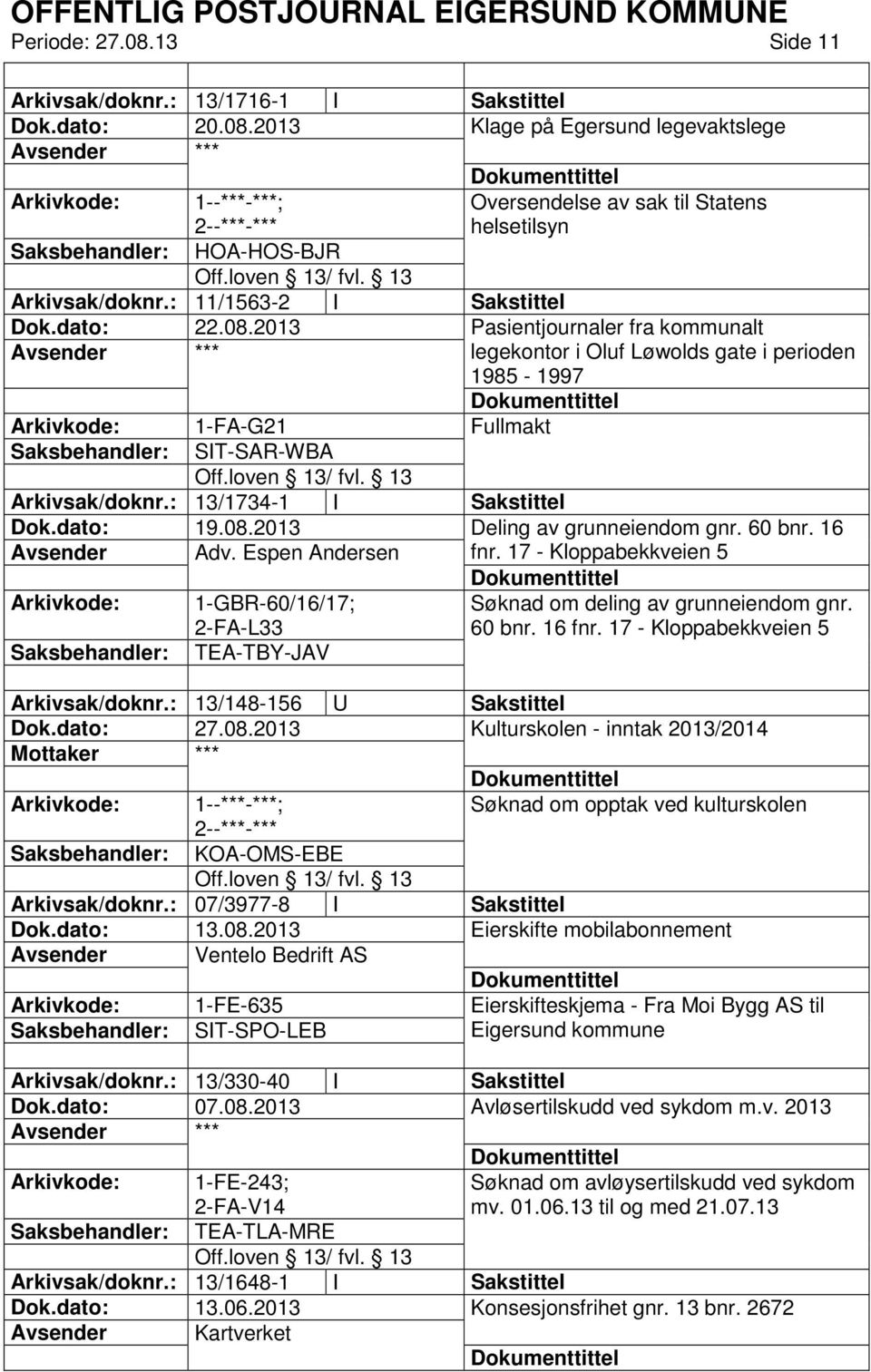 : 13/1734-1 I Sakstittel Dok.dato: 19.08.2013 Deling av grunneiendom gnr. 60 bnr. 16 Avsender Adv. Espen Andersen fnr.