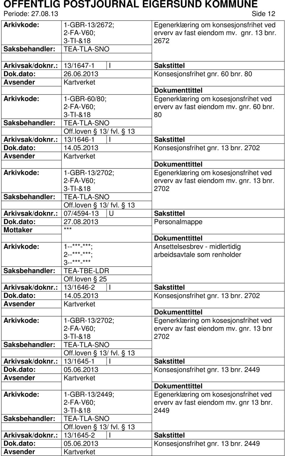 2702 1-GBR-13/2702; TEA-TLA-SNO Arkivsak/doknr.: 07/4594-13 U Sakstittel Personalmappe Mottaker *** ; 3--***-*** erverv av fast eiendom mv. gnr. 13 bnr.