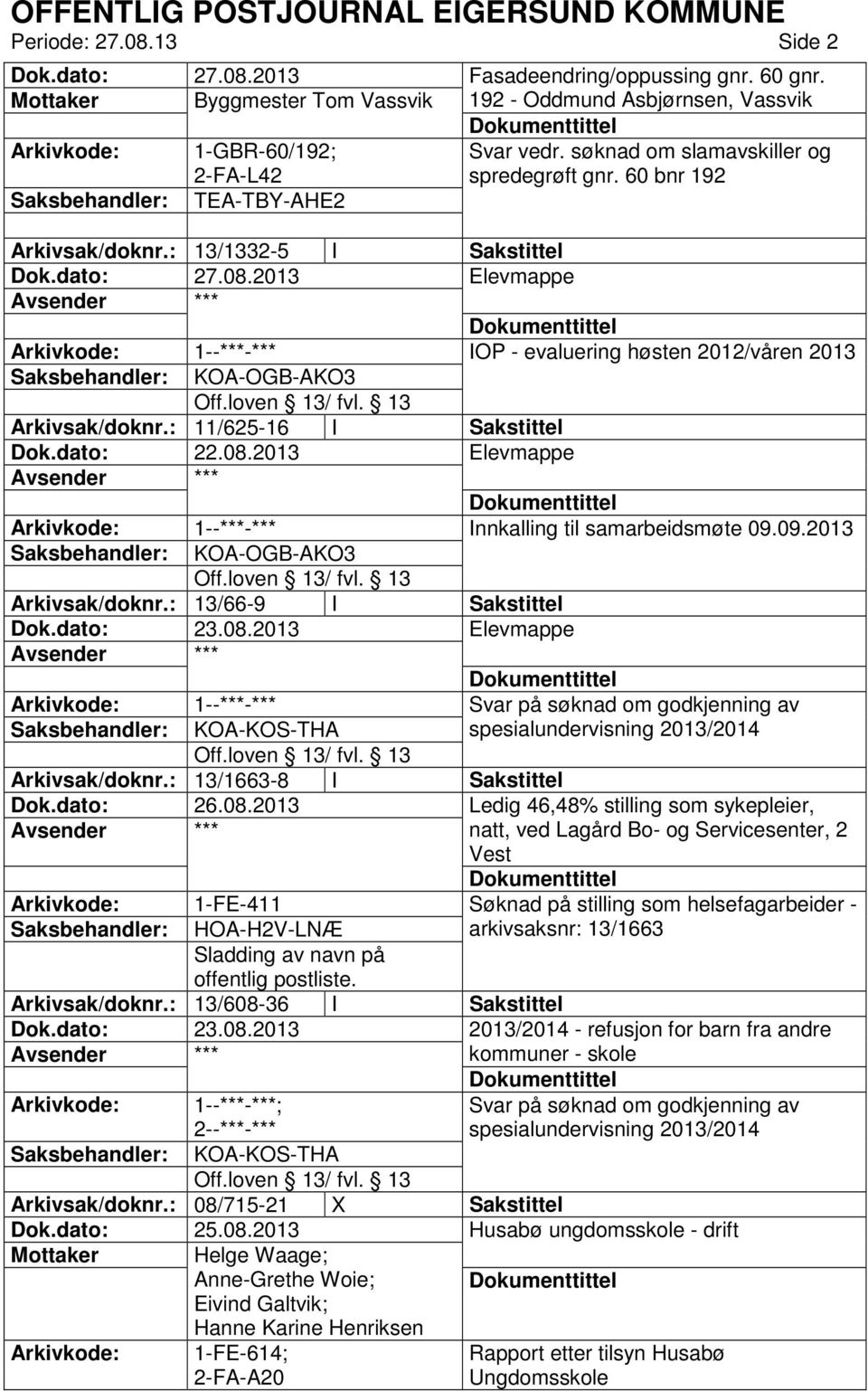 : 11/625-16 I Sakstittel Dok.dato: 22.08.2013 Elevmappe 1--***-*** Innkalling til samarbeidsmøte 09.09.2013 KOA-OGB-AKO3 Arkivsak/doknr.: 13/66-9 I Sakstittel Dok.dato: 23.08.2013 Elevmappe 1--***-*** Svar på søknad om godkjenning av KOA-KOS-THA spesialundervisning 2013/2014 Arkivsak/doknr.