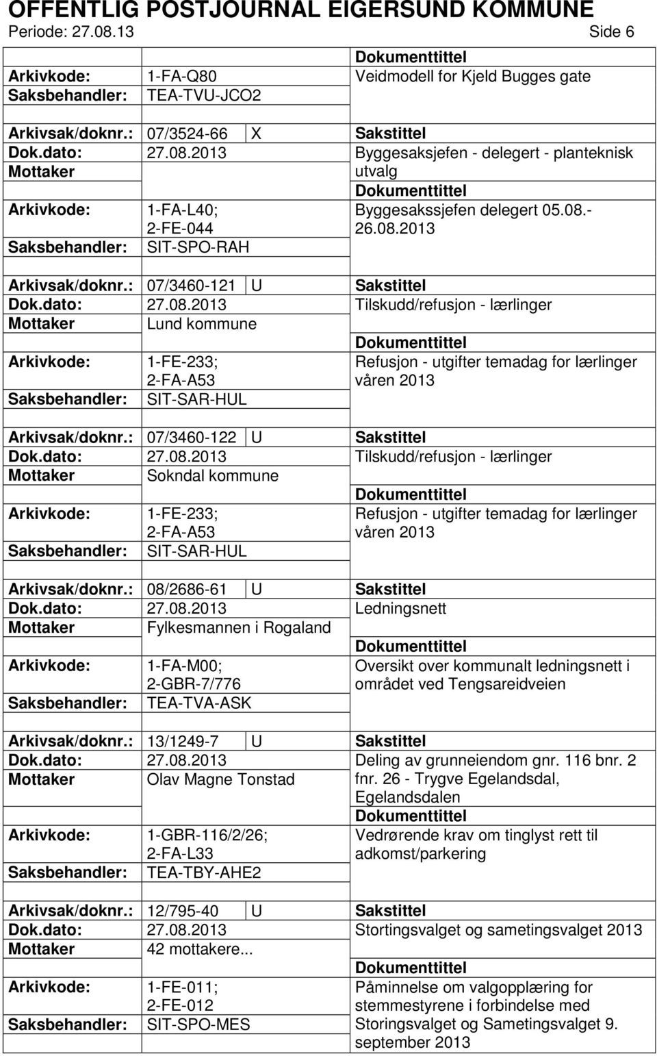 : 07/3460-121 U Mottaker Lund kommune 1-FE-233; 2-FA-A53 SIT-SAR-HUL Arkivsak/doknr.