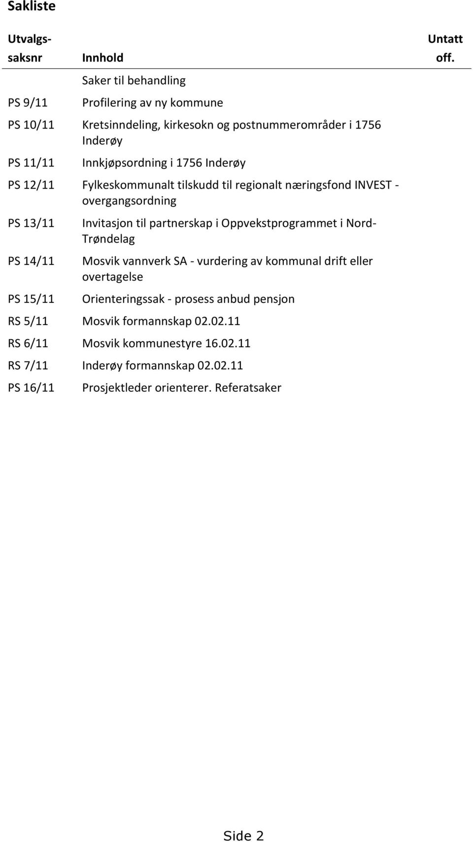 næringsfond INVEST - overgangsordning PS 13/11 PS 14/11 PS 15/11 Invitasjon til partnerskap i Oppvekstprogrammet i Nord- Trøndelag Mosvik vannverk SA - vurdering av