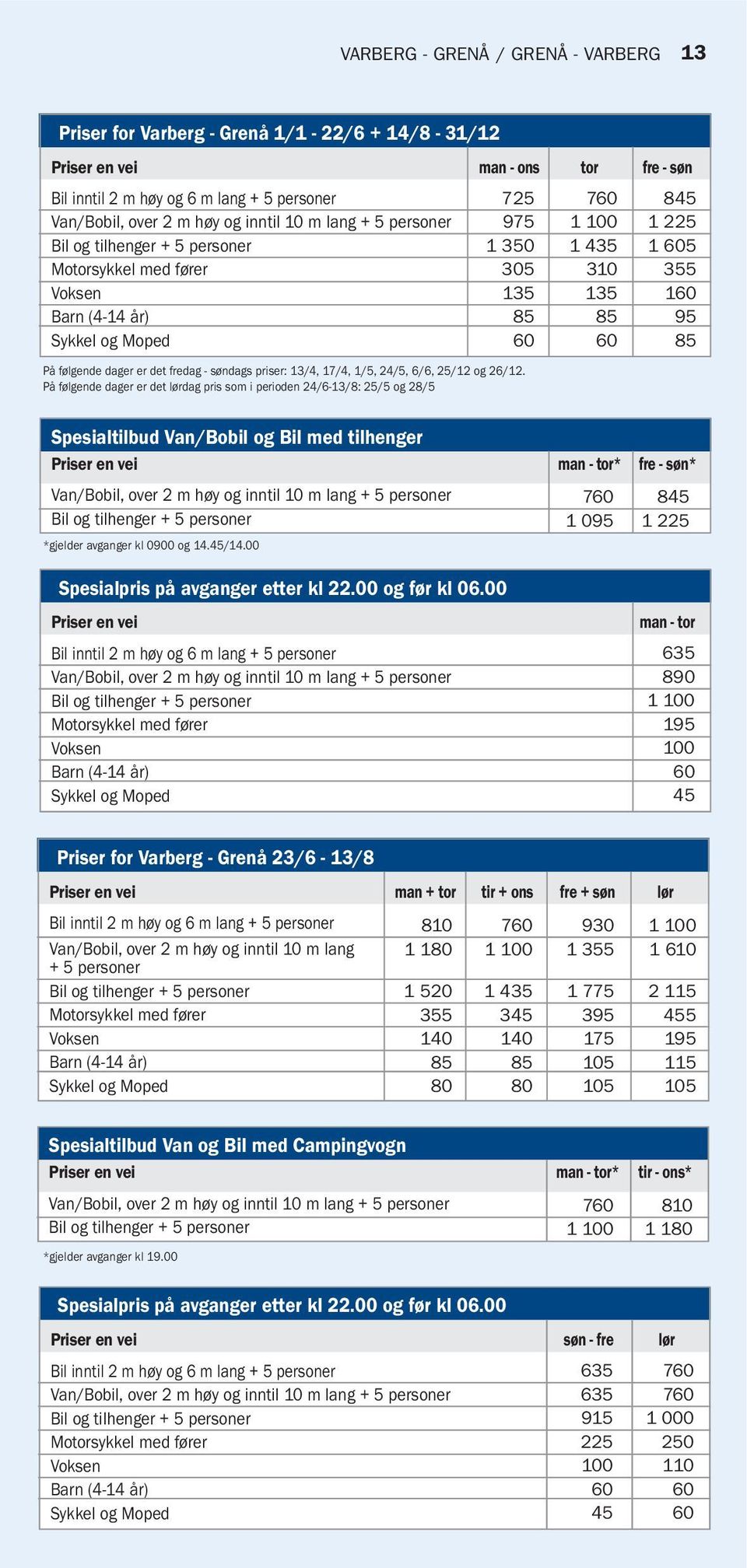 På følgende dager er det lørdag pris som i perioden 24/6-13/8: 25/5 og 28/5 725 760 845 975 1 100 1 225 1 350 1 435 1 605 305 310 355 135 135 160 85 85 95 60 60 85 Spesialtilbud Van/Bobil og Bil med