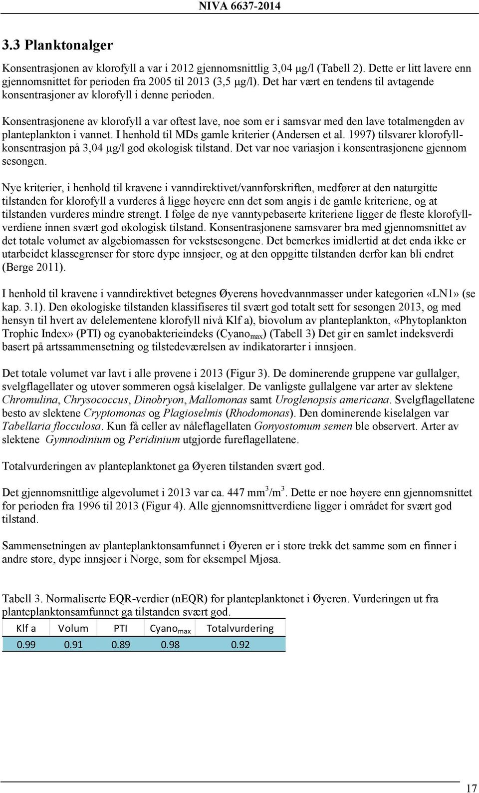 Konsentrasjonene av klorofyll a var oftest lave, noe som er i samsvar med den lave totalmengden av planteplankton i vannet. I henhold til MDs gamle kriterier (Andersen et al.