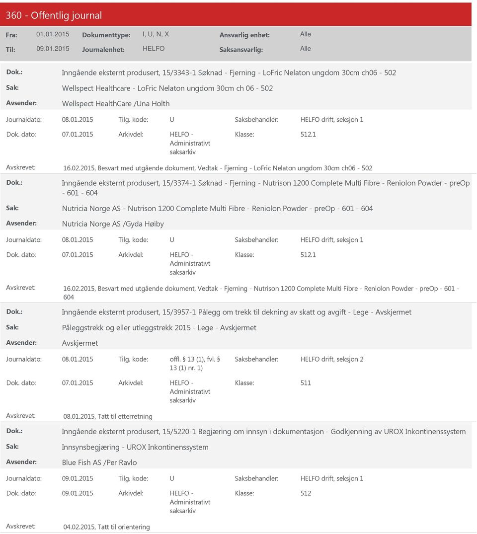 2015, Besvart med utgående dokument, Vedtak - Fjerning - LoFric Nelaton ungdom 30cm ch06-502 Inngående eksternt produsert, 15/3374-1 Søknad - Fjerning - Nutrison 1200 Complete Multi Fibre - Reniolon