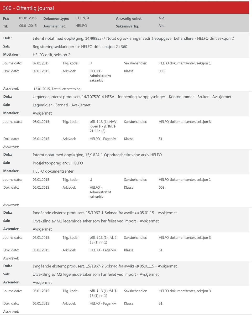 2015, Tatt til etterretning tgående internt produsert, 14/107520-4 HESA - Innhenting av opplysninger - Kontonummer - Bruker - Legemidler - Stønad - offl. 13 (1), NAVloven 7 jf. ftrl.