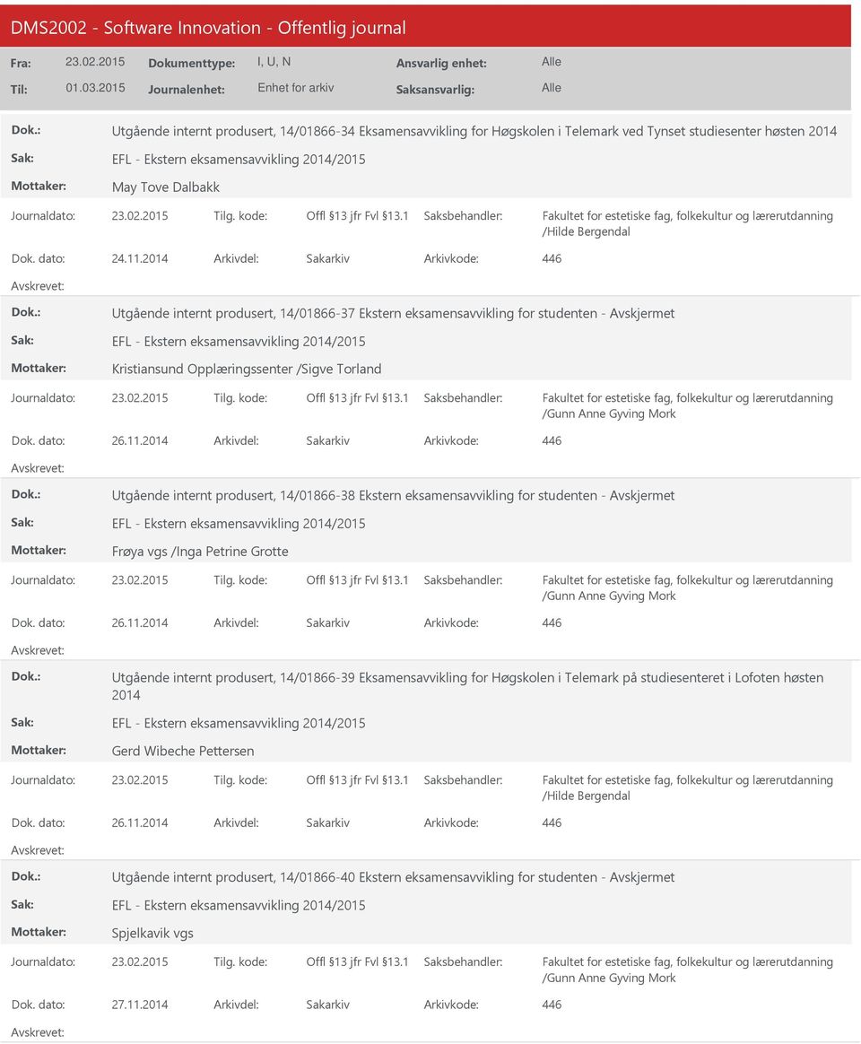 2014 Arkivdel: Sakarkiv tgående internt produsert, 14/01866-38 Ekstern eksamensavvikling for studenten - Frøya vgs /Inga Petrine Grotte Dok. dato: 26.11.