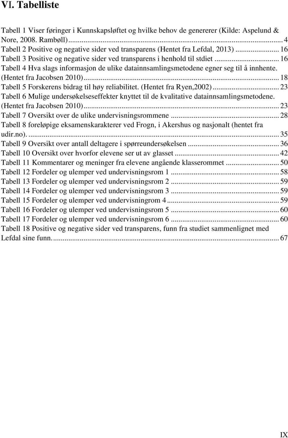 .. 16 Tabell 4 Hva slags informasjon de ulike datainnsamlingsmetodene egner seg til å innhente. (Hentet fra Jacobsen 2010)... 18 Tabell 5 Forskerens bidrag til høy reliabilitet.