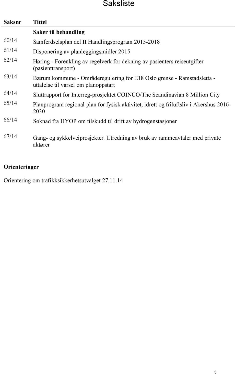 for Interreg-prosjektet COINCO/The Scandinavian 8 Million City 65/14 Planprogram regional plan for fysisk aktivitet, idrett og friluftsliv i Akershus 2016-2030 66/14 Søknad fra HYOP om