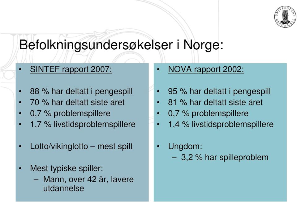 typiske spiller: Mann, over 42 år, lavere utdannelse NOVA rapport 2002: 95 % har deltatt i pengespill