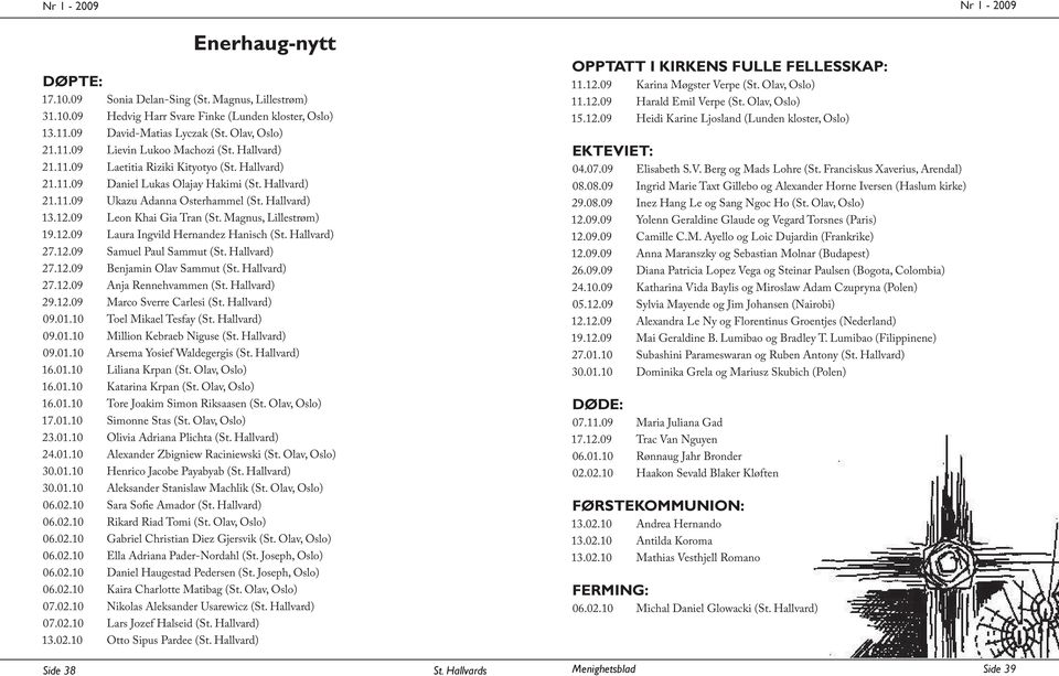 Magnus, Lillestrøm) 19.12.09 Laura Ingvild Hernandez Hanisch (St. Hallvard) 27.12.09 Samuel Paul Sammut (St. Hallvard) 27.12.09 Benjamin Olav Sammut (St. Hallvard) 27.12.09 Anja Rennehvammen (St.