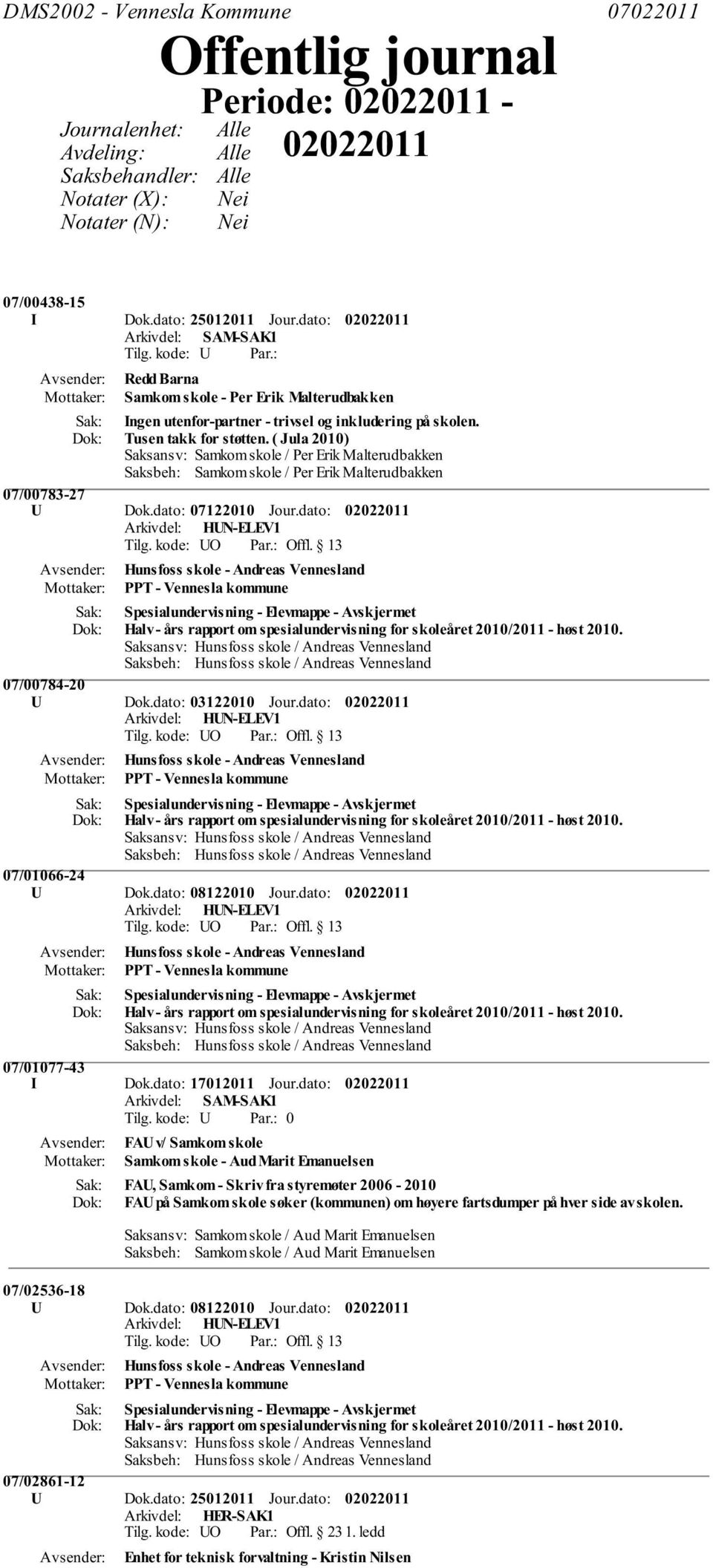 ( Jula 2010) Saksansv: Samkom skole / Per Erik Malterudbakken Saksbeh: Samkom skole / Per Erik Malterudbakken 07/00783-27 U Dok.dato: 07122010 Jour.