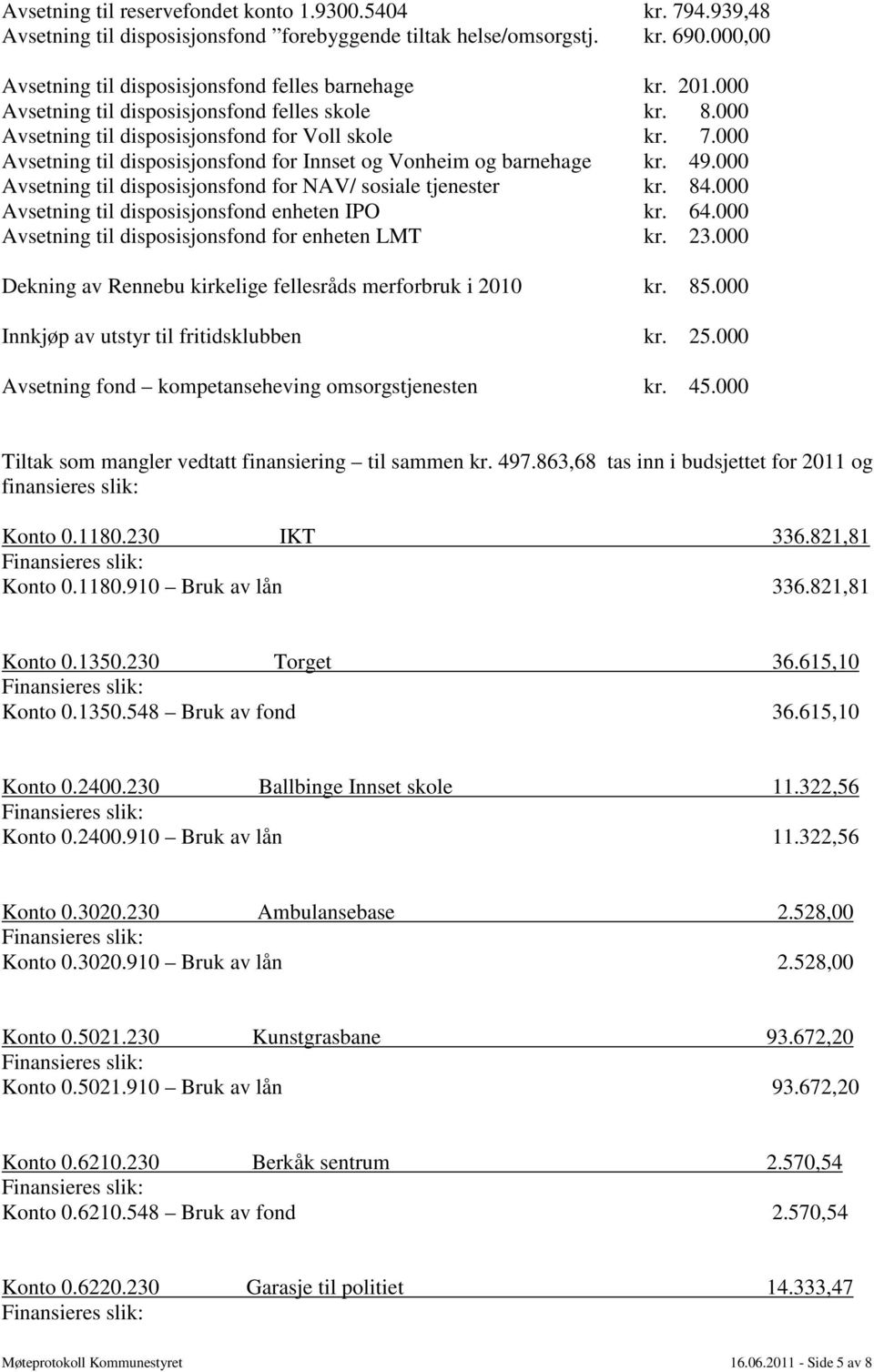 000 Avsetning til disposisjonsfond for NAV/ sosiale tjenester kr. 84.000 Avsetning til disposisjonsfond enheten IPO kr. 64.000 Avsetning til disposisjonsfond for enheten LMT kr. 23.