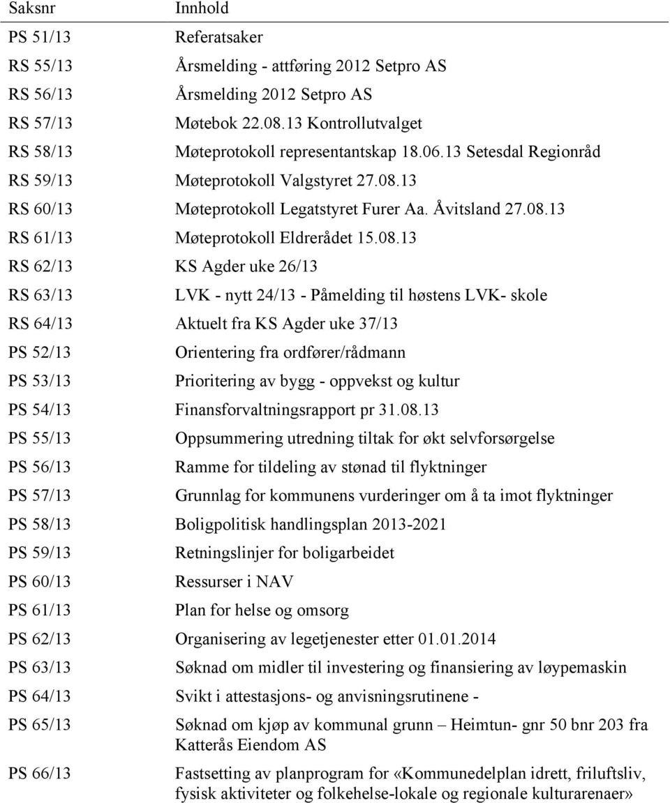 08.13 RS 62/13 KS Agder uke 26/13 RS 63/13 LVK - nytt 24/13 - Påmelding til høstens LVK- skole RS 64/13 Aktuelt fra KS Agder uke 37/13 PS 52/13 PS 53/13 Orientering fra ordfører/rådmann Prioritering