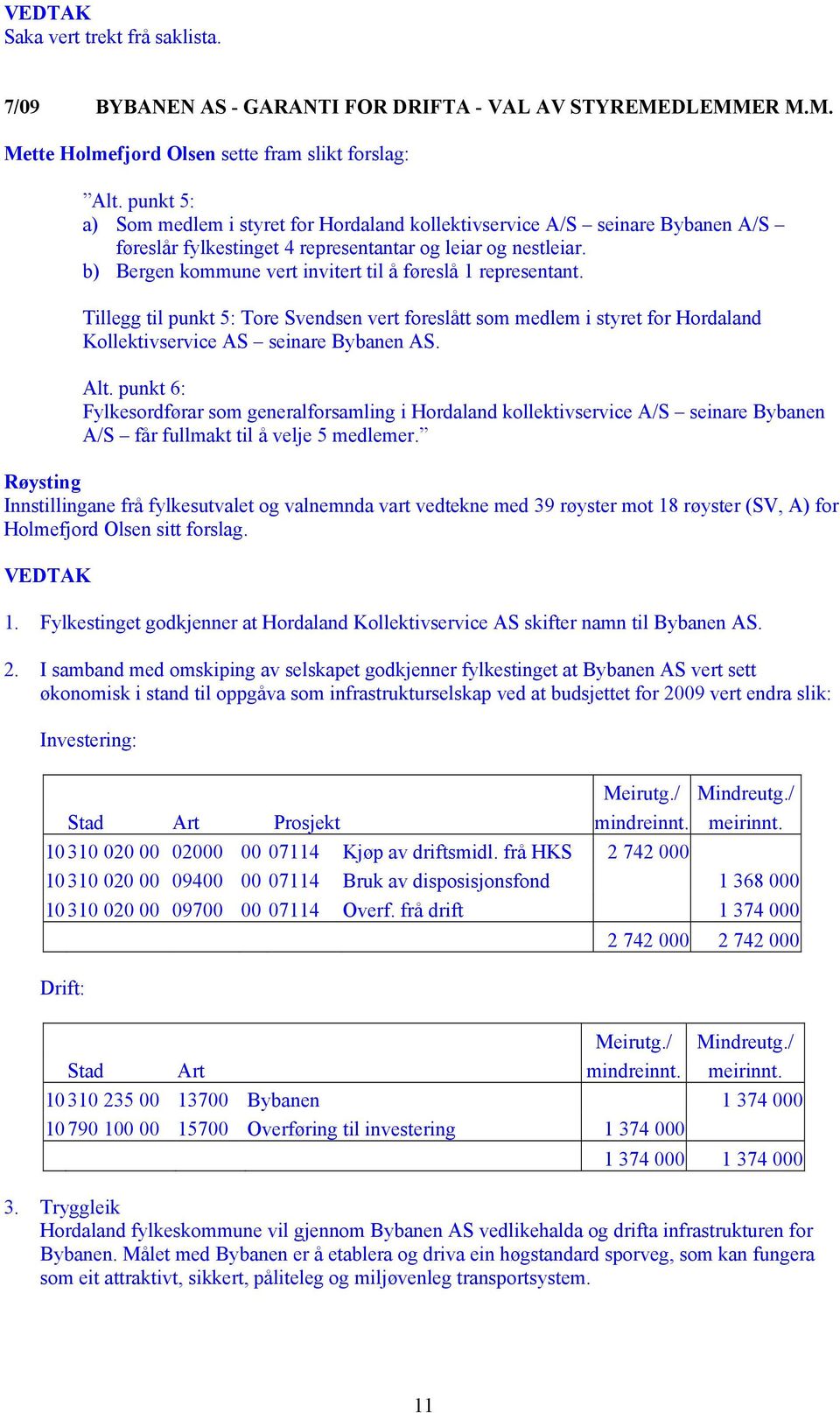 b) Bergen kommune vert invitert til å føreslå 1 representant. Tillegg til punkt 5: Tore Svendsen vert foreslått som medlem i styret for Hordaland Kollektivservice AS seinare Bybanen AS. Alt.