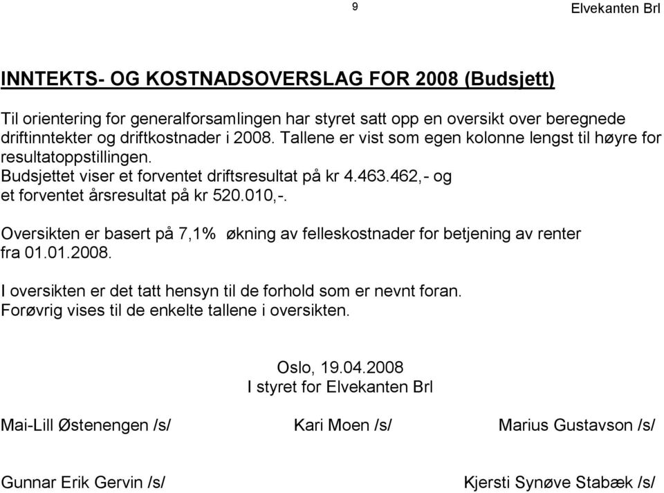 010,-. Oversikten er basert på 7,1% økning av felleskostnader for betjening av renter fra 01.01.2008. I oversikten er det tatt hensyn til de forhold som er nevnt foran.