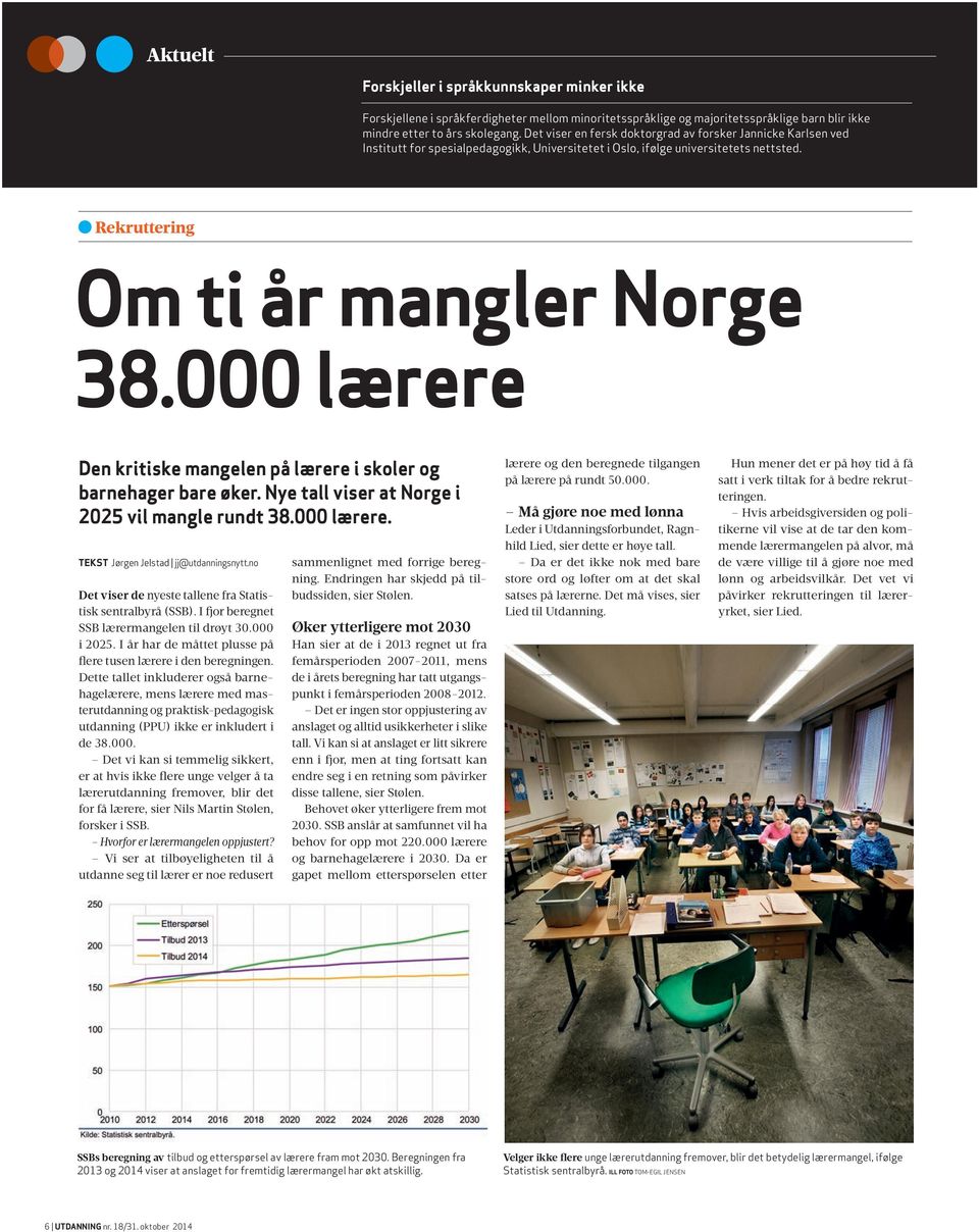 000 lærere Den kritiske mangelen på lærere i skoler og barnehager bare øker. Nye tall viser at Norge i 2025 vil mangle rundt 38.000 lærere. TEKST Jørgen Jelstad jj@utdanningsnytt.