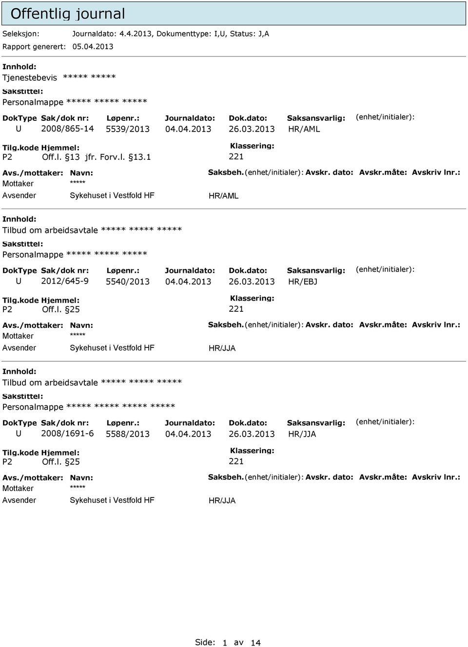 : Mottaker nnhold: Tilbud om arbeidsavtale 2012/645-9 5540/2013 26.03.2013 Avs./mottaker: Navn: Saksbeh. Avskr. dato: Avskr.