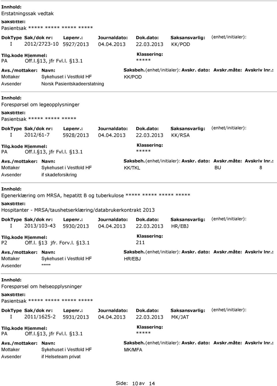 : B 8 if skadeforsikring nnhold: Egenerklæring om MRSA, hepatitt B og tuberkulose Hospitanter - MRSA/taushetserklæring/databrukerkontrakt 2013 2013/103-43 5930/2013 211 Avs.