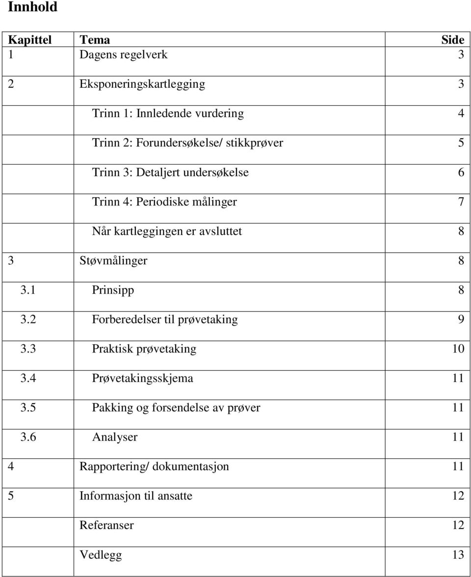 8 3 Støvmålinger 8 3.1 Prinsipp 8 3.2 Forberedelser til prøvetaking 9 3.3 Praktisk prøvetaking 10 3.4 Prøvetakingsskjema 11 3.