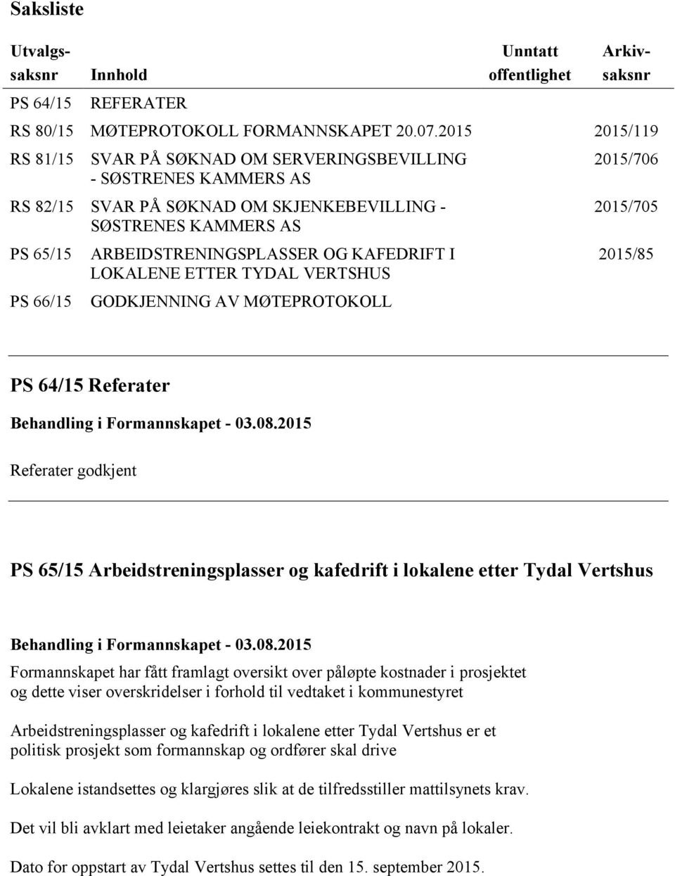 KAFEDRIFT I LOKALENE ETTER TYDAL VERTSHUS GODKJENNING AV MØTEPROTOKOLL 2015/706 2015/705 2015/85 PS 64/15 Referater Behandling i Formannskapet - 03.08.